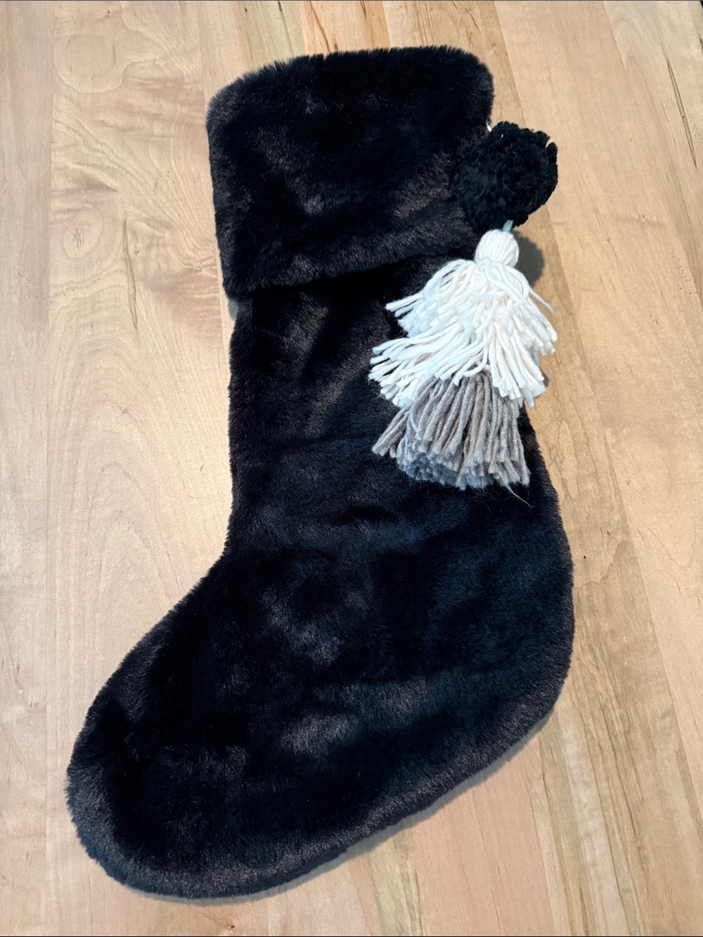 Faux Fur Black Holiday Stocking with Neutral Tassels